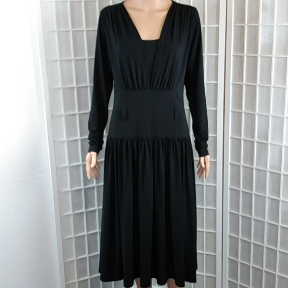 Marc Bouwer Black Pleated Midi Dress Women's‎ Size Small Long Sleeves Knit